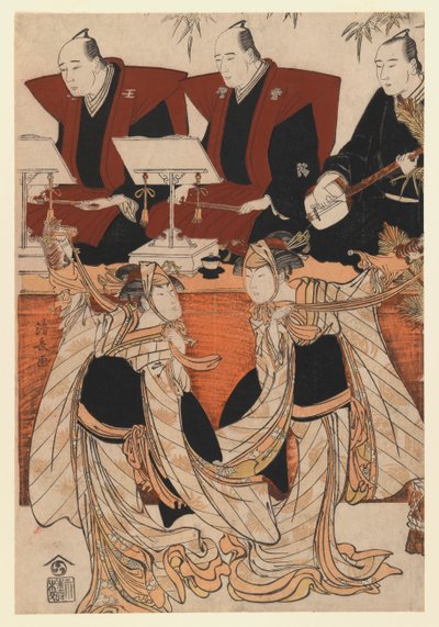 Due attori come Iwai Hanshiro IV e Segawa Kikunojo III nella danza Karukoma, accompagnati dalla recitazione Joruri, c.1783 da Torii Kiyonaga
